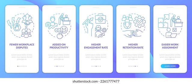 Relations with workers advantages blue gradient onboarding mobile app screen. Walkthrough 5 steps graphic instructions with linear concepts. UI, UX, GUI template. Myriad Pro-Bold, Regular fonts used