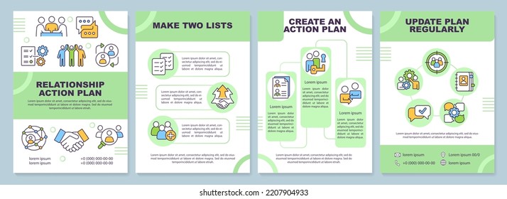 Relationship action plan green brochure template. Interaction. Leaflet design with linear icons. Editable 4 vector layouts for presentation, annual reports. Arial-Black, Myriad Pro-Regular fonts used