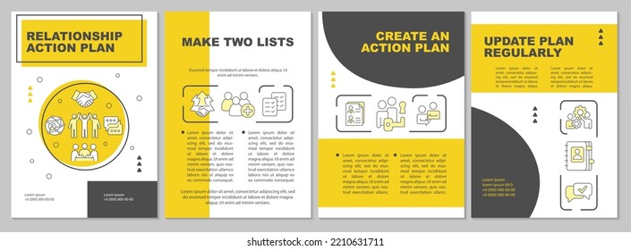 Relationship action plan yellow brochure template. Guide to contact. Leaflet design with linear icons. Editable 4 vector layouts for presentation, annual reports. Arial, Myriad Pro-Regular fonts used