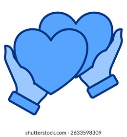 Icono del consejo de la relación representado por dos manos, estilo azul del corazón.