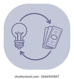 Relação entre criatividade e recompensa financeira. Lâmpada simbolizando ideias, enquanto dinheiro representando seu valor monetário, mostrando ciclo de troca