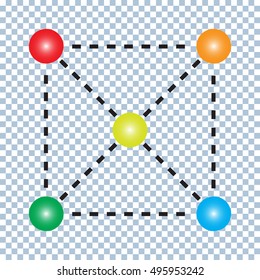 Relationship between the five colorful balls. Stylized square. Direct connection between the five different objects. Vector.