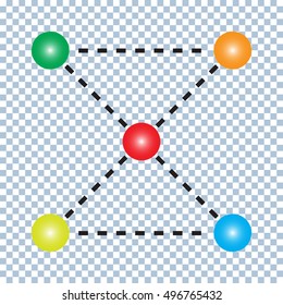 Relationship between the five colorful balls. Connection between the five different objects. Vector.