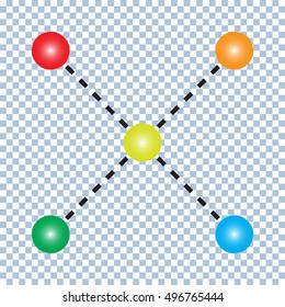 Relationship between the five colorful balls. Connection between the five different objects. Vector.
