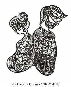 The relationship between a man and a woman. Imbalance in the relationship between a man and a woman. Parting, divorce. Psychology of relations between a man and a woman. Illustration in ethnic style.