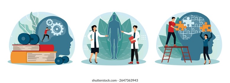 Relationship between mental Mind and physical health. Medical Professionals providers discussing holistic health and patient wellbeing. Two individuals assembling puzzle pieces to form a human head.