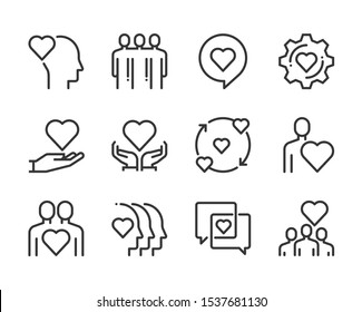 Relationship bold line icon set. The set is about love, heart, friendship, valentine, partnership, vector, editable stroke, line, outline.