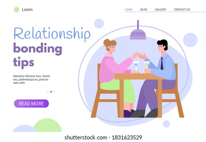 Relationship bonding tips. Young couple together drinking wine in cafe sitting at table and looking at each other. Romantic date. Vector flat illustration. Landing page template.