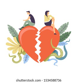 Relationship break up, broken heart, couple facing opposite direction, colorful floral foliage as abstract design element, flat concept vector illustration on white background