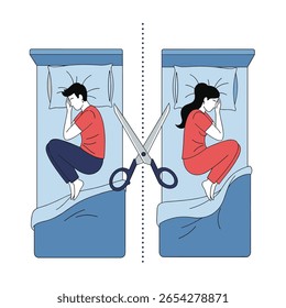 Relationship breakdown illustrated by divided beds and cutting scissors symbolizing separation