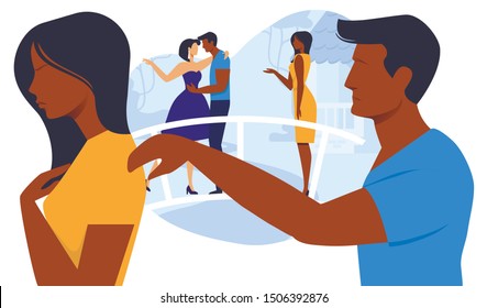 Relationship Breakup Flat Vector Illustration. Angry Girlfriend and Sad Boyfriend Cartoon Characters. Treason, Betrayed Wife Leaves Disloyal Husband. Love Crisis, Marriage Problem, Family Quarrel