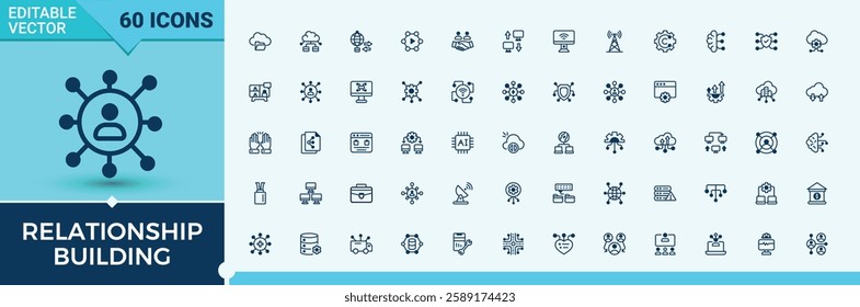 Relationship Building icon set. Contains linear outline icons like collaboration, communication, contact, data, global. UI icon set in a flat design. Editable vector outline and solid icons.