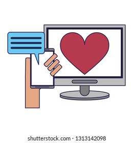 relationship chat with computer and smartphone blue lines