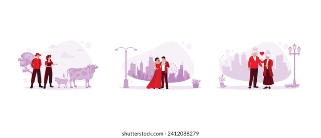 Relationship concept. Cattle farmer couple grazing cows. Young couple holding wine glasses. Senior couple taking a walk together.  set flat vector modern illustration 