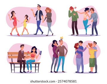 Relationship concept. Conflict lovers heartbreak relationships problem connection characters exact vector conceptual illustrations