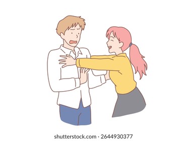 Relationship concept. Happy woman in love show affection and attachment to frustrated man. Smiling girl stalking hugging confused male lover. Hand drawn style vector design illustrations.
