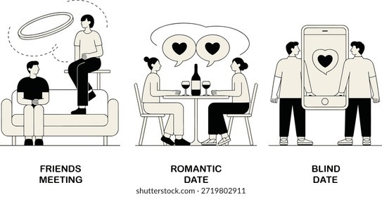 Relationship concept illustrations, dating flat vector set
