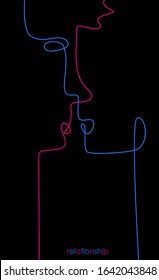 Relationship concept, two vivid colored people look like two line connected with each other, man and woman creative contemporary idea, vector