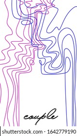 Relationship concept, two vivid colored people look like two line connected with each other, man and woman creative contemporary idea, vector