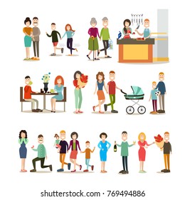 Relationship concept vector icon set. Group of family couples, lovers, parents with their kids isolated on white background. Flat style design.