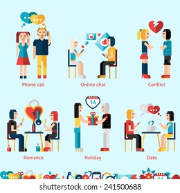 Relationship concepts set with phone call online chat conflict romance holiday dating vector illustration