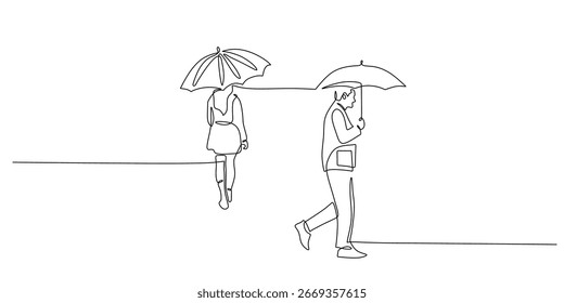 Relationship Conflict. Continuous one line drawing symbolizing a couple separation or divorce. People of man and woman holding umbrella during rain. Minimalist vector illustration.