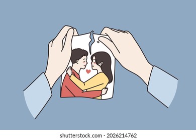 Relationship crisis, broke up concept. Human Hands holding torn photo of couple in love meaning separation or divorce over blue background vector illustration 