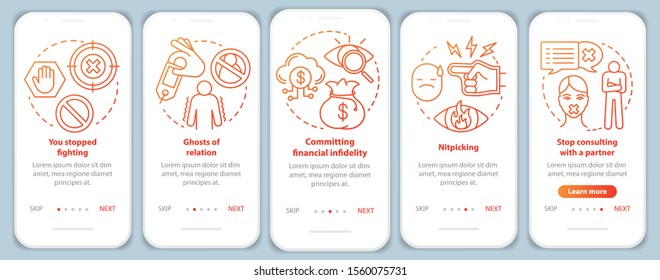 Relationship difficulties onboarding mobile app page screen with linear concepts. Ghost of relations walkthrough steps graphic instructions. UX, UI, GUI vector template with illustrations