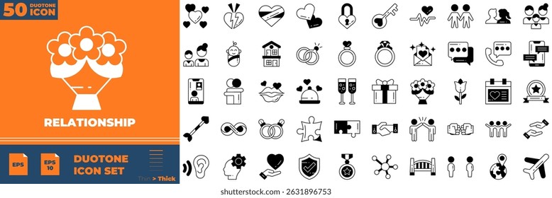 Relationship Duotone Editable Icons set. Vector illustration in modern thin duotone style of relationship icons: hand, heart, care, etc