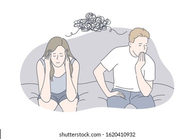 Relationship, family, problem, stress concept. Young upset stressful girlfriend and boyfriend have problem in their family. Problems in relationship may cause raise of stress level. Simple flat vector