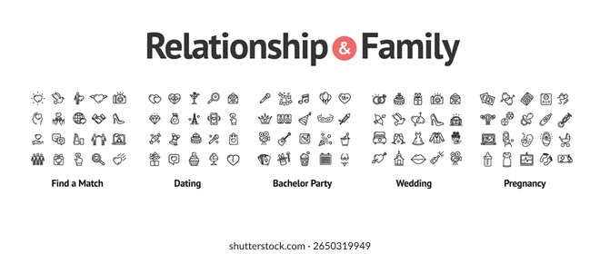 Relationship and Family Sign Black Thin Line Icon Set Include of Dating, Wedding and Pregnancy. Vector illustration of Icons