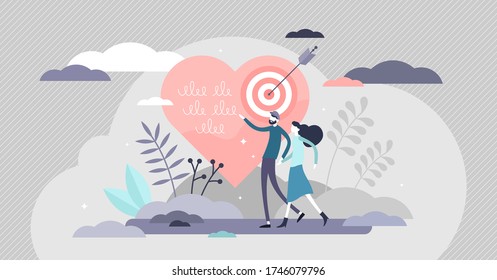 Relationship goals vector illustration. Couple life target achievement flat tiny persons concept. Abstract scene with heart and arrow in bullseye as symbolic marriage and love success visualization.