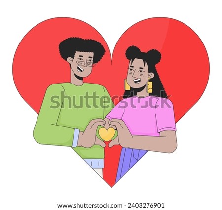 Relationship heterosexual couple hispanic 2D linear illustration concept. Valentine day latin american cartoon characters isolated on white. Matching app metaphor abstract flat vector outline graphic
