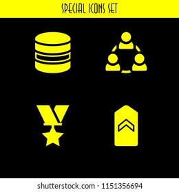 relationship icon. 4 relationship set with military, teamwork and database vector icons for web and mobile app