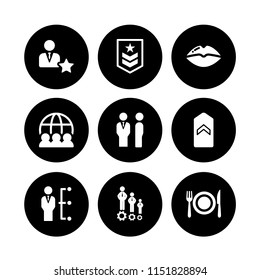 relationship icon. 9 relationship set with human resources symbol, kiss, military and managers vector icons for web and mobile app
