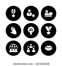 relationship icon. 9 relationship set with military, hand of black human, kiss and teamwork vector icons for web and mobile app