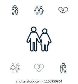 Relationship icon. collection of 7 relationship outline icons such as broken heart, couple. editable relationship icons for web and mobile.