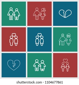 Relationship icon. collection of 9 relationship outline icons such as broken heart, couple. editable relationship icons for web and mobile.