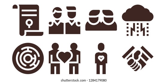  relationship icon set. 8 filled relationship icons. Simple modern icons about  - Labyrinth, Agreement, Couple, Friends, Friend, Handshake, Depression