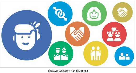 relationship icon set. 9 filled relationship icons.  Simple modern icons about  - Woman, Gender, Friends, Hugging, Handshake, Couple, Shake hands