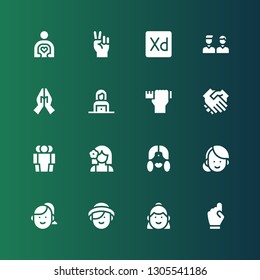 relationship icon set. Collection of 16 filled relationship icons included Hand, Woman, Girl, Cooperation, Handshake, Design skills, Friends, Experience, Friend