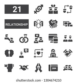 relationship icon set. Collection of 21 filled relationship icons included Friends, CRM, Hand, Handshake, Design skills, Woman, Friend, Relationship, Devices, Engagement, Friendship