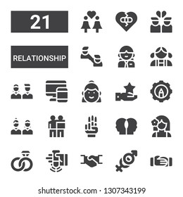 relationship icon set. Collection of 21 filled relationship icons included Handshake, Couple, Shake, Engagement, Girl, Relationship, Hand, Friendship, Friends, Resources, Woman