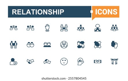 Relationship icon set. Featuring partnership, line, teamwork, best, assistance, illustration and more. Thin outline icons pack. Solid line editable vector illustration.