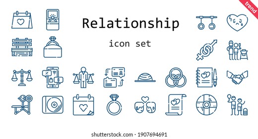 relationship icon set. line icon style. relationship related icons such as handshake, father and son, couple, bench, gender, engagement ring, wedding day, broken heart, help, guests book, balance