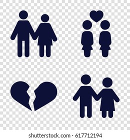 Relationship icons set. set of 4 relationship filled icons such as broken heart, women couple