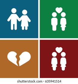 Relationship icons set. set of 4 relationship filled icons such as broken heart, women couple