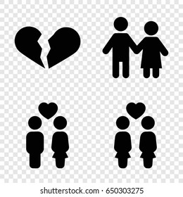 Relationship icons set. set of 4 relationship filled icons such as broken heart, women couple