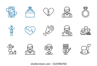 relationship icons set. Collection of relationship with girl, hand, woman, newlyweds, broken heart, engagement ring, negotiation. Editable and scalable relationship icons.