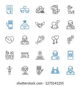 relationship icons set. Collection of relationship with woman, agreement, hand, girl, engagement ring, user experience, newtons cradle. Editable and scalable relationship icons.